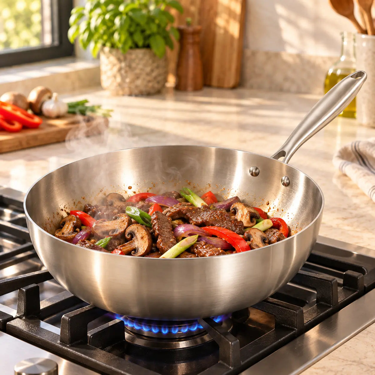 Wok inox avec bœuf, poivrons et champignons sautés sur un feu gaz