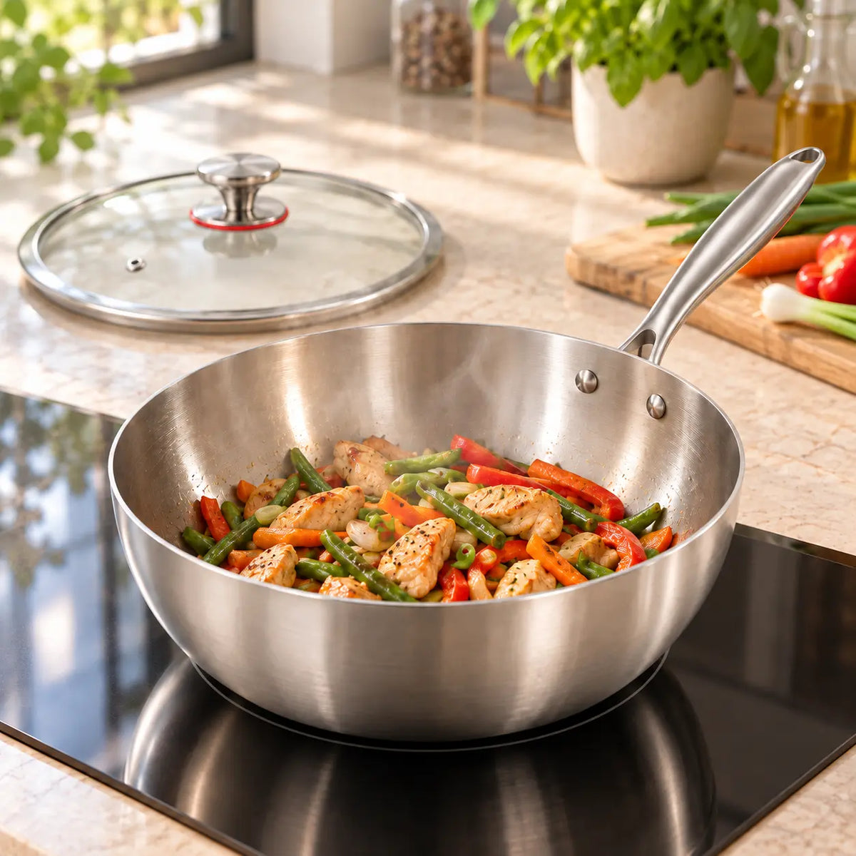 Wok inox au poulet et légumes sur induction, couvercle en verre à côté
