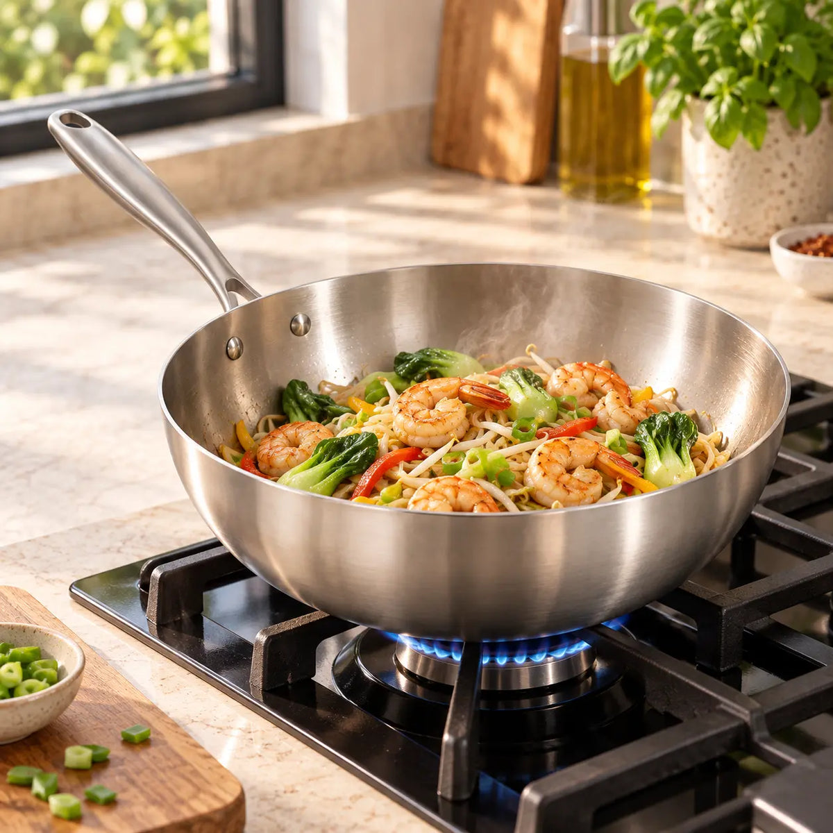Wok inox aux crevettes, brocolis et légumes sur un feu gaz