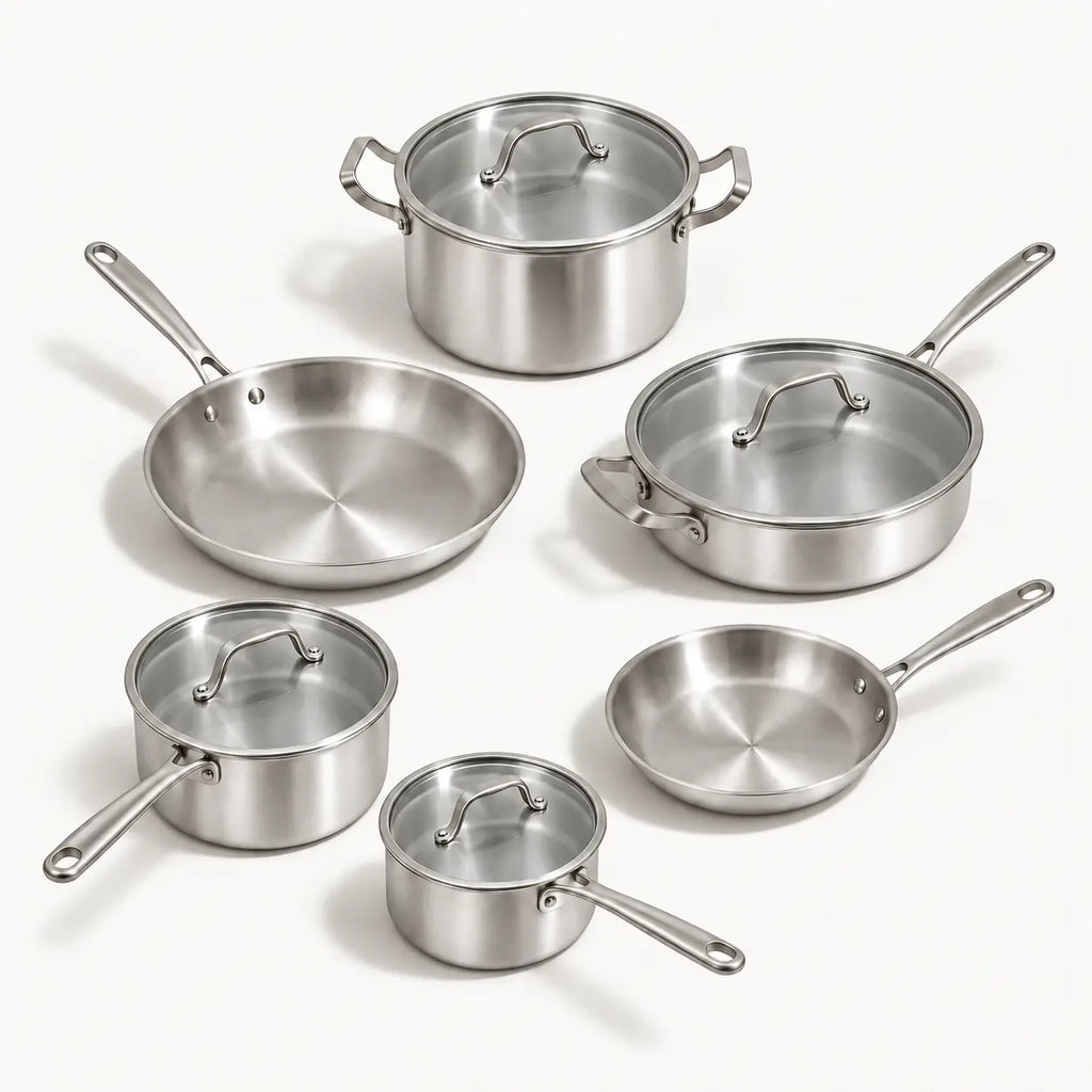 Batterie de cuisine inox 10 pièces : poêles, casseroles, sauteuse et cocotte avec couvercles