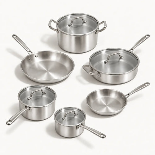 Batterie de cuisine inox 10 pièces : poêles, casseroles, sauteuse et cocotte avec couvercles