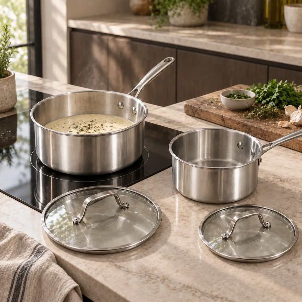 Casseroles inox avec couvercles en verre sur un plan de travail