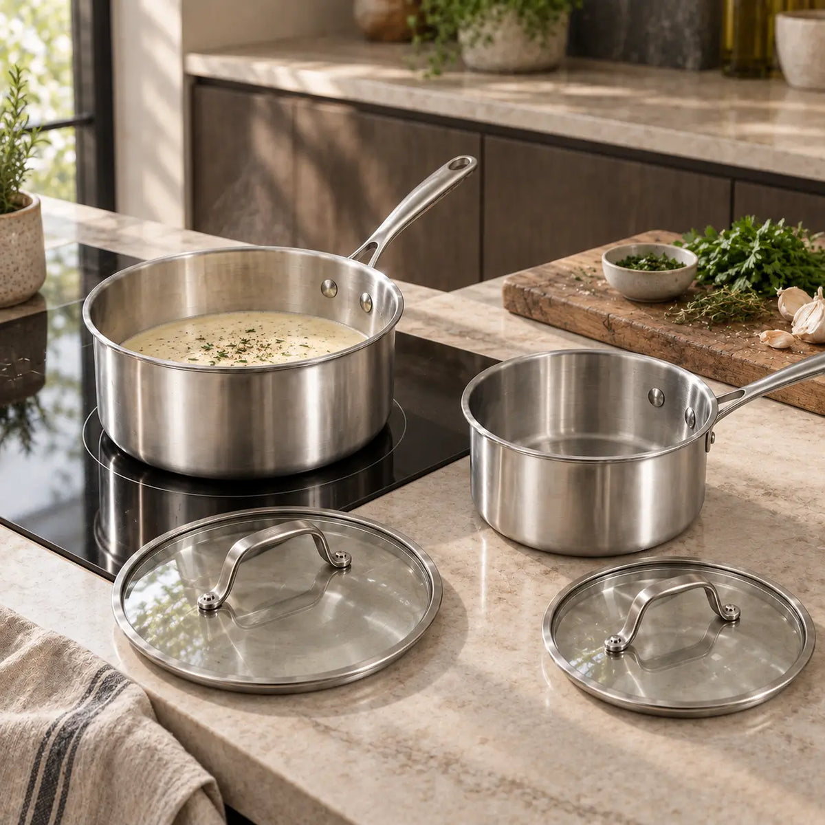 Casseroles inox avec couvercles en verre sur un plan de travail