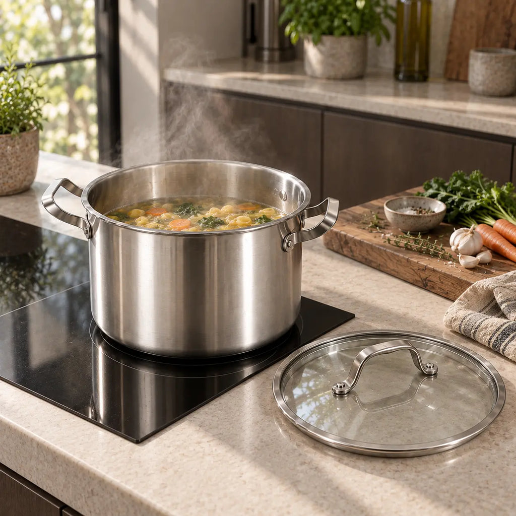 Cocotte inox avec bouillon de légumes et couvercle en verre
