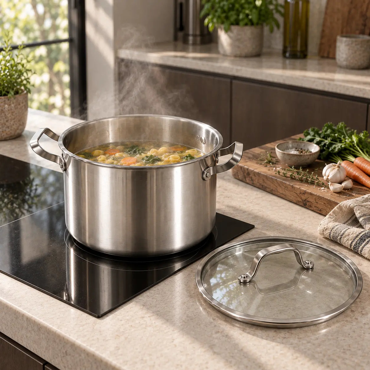 Cocotte inox avec bouillon de légumes et couvercle en verre