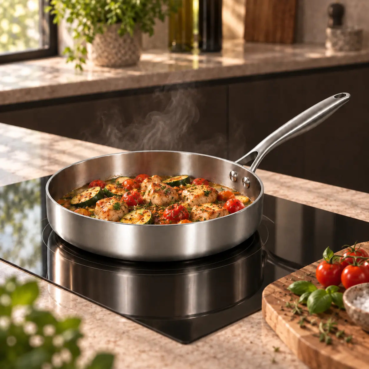 Sauteuse inox avec légumes mijotés sur une plaque à induction