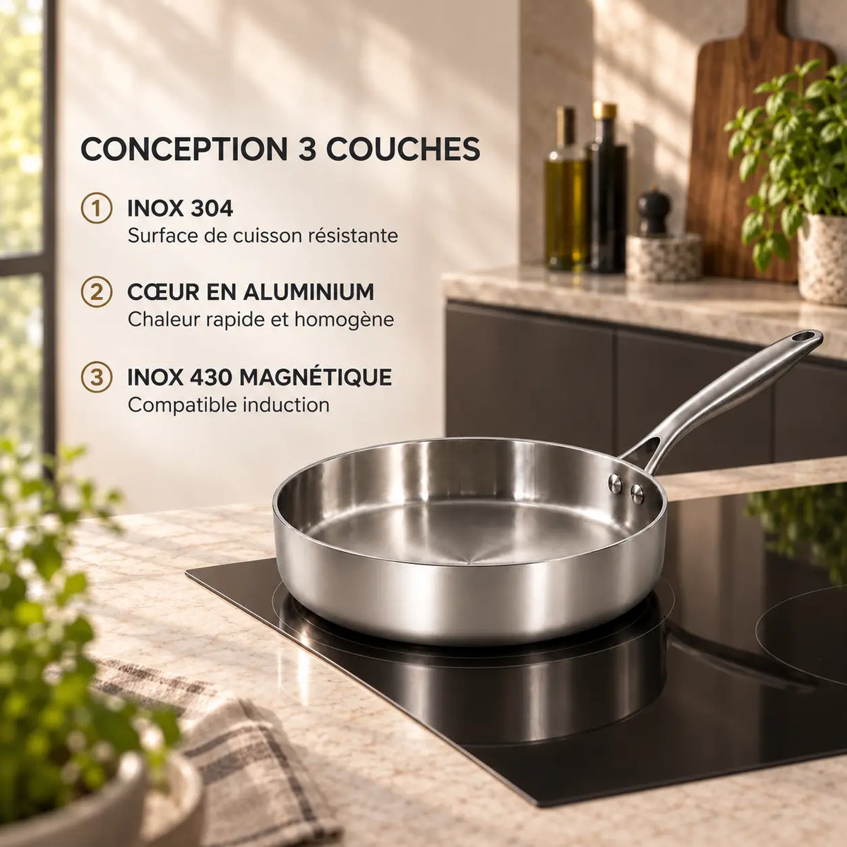 Conception 3 couches de la sauteuse : inox 304, cœur en aluminium, inox 430 compatible induction