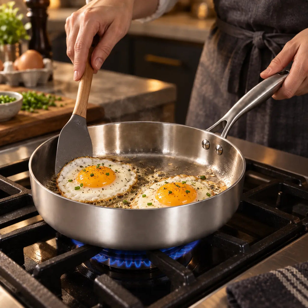Œufs au plat dans une sauteuse inox sur un feu gaz