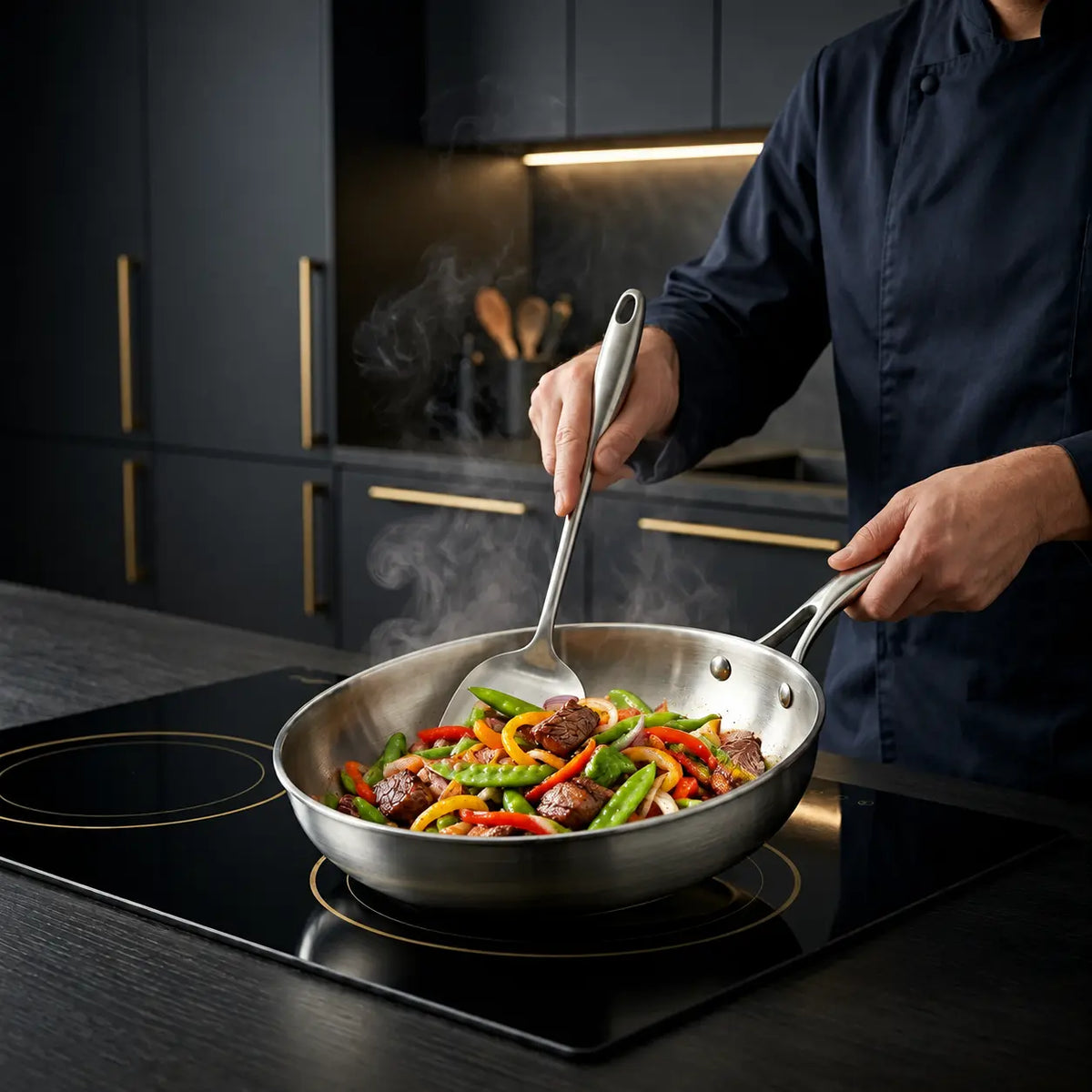Chef qui fait sauter des légumes avec une spatule inox