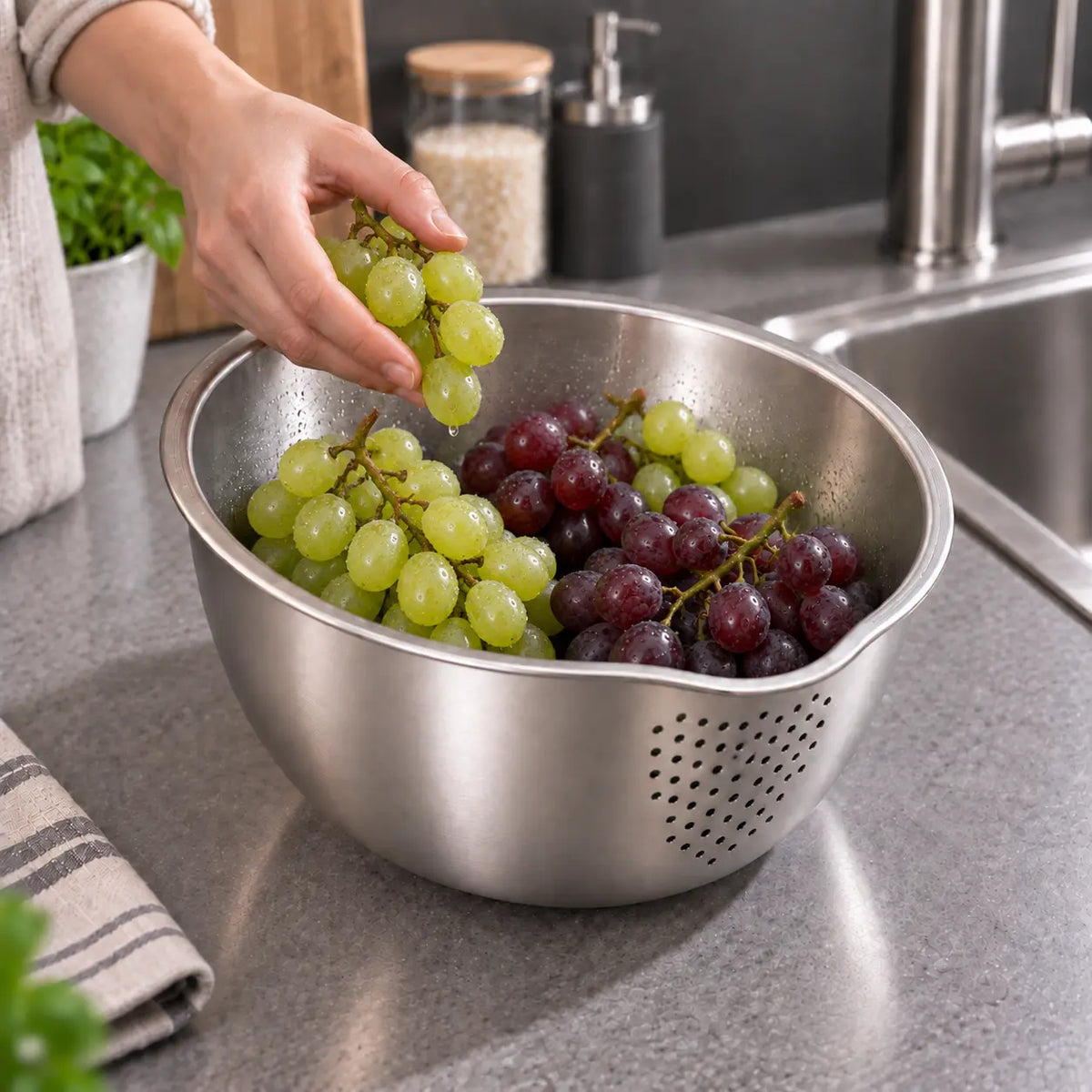 Bol passoire inox 304, trous de vidange avec des raisins dedans 