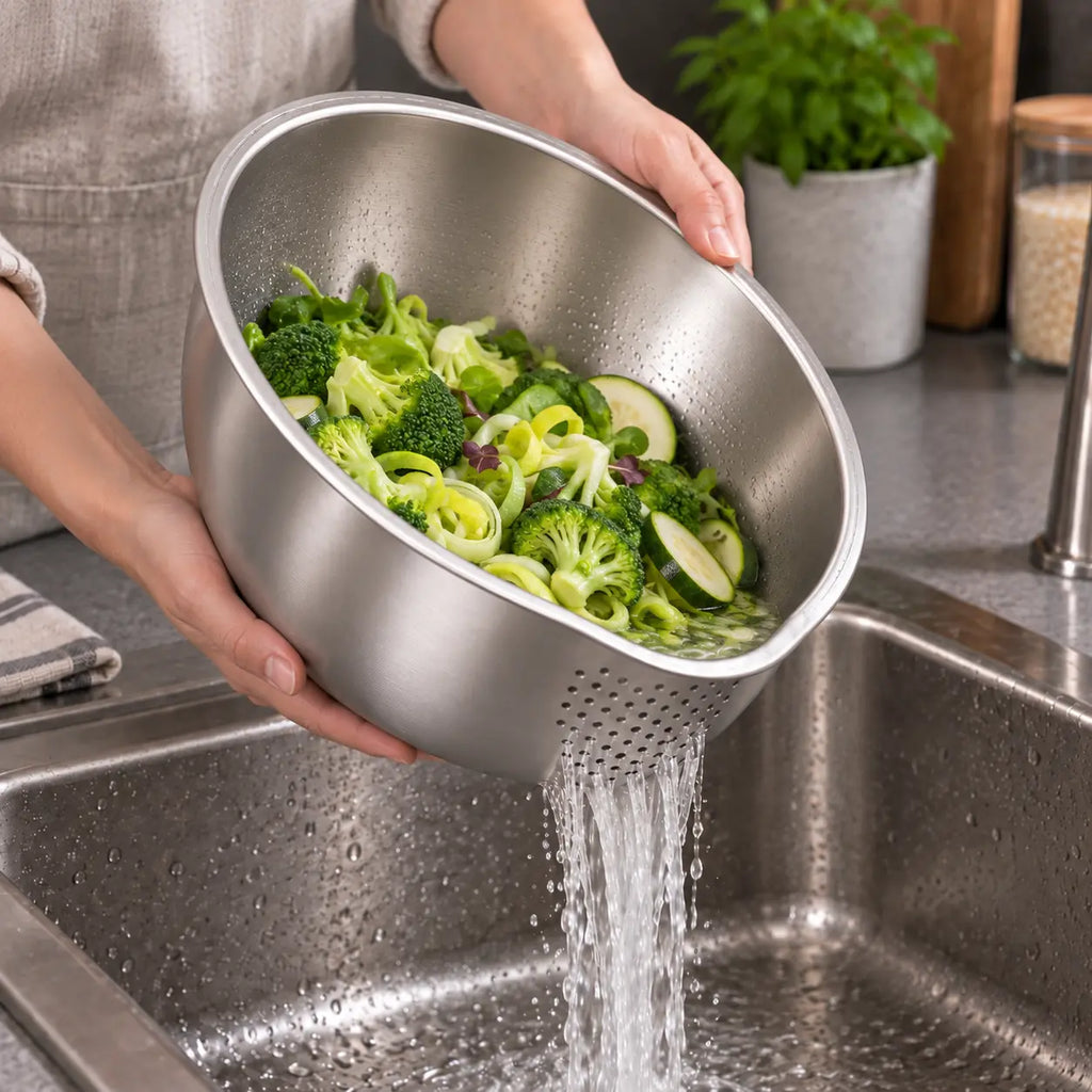 Bol passoire inox qui égoutte des légumes verts au-dessus de l'évier
