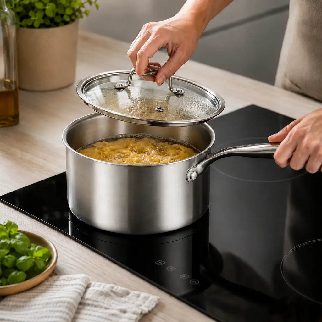 Casserole inox de pâtes sur induction, couvercle en verre soulevé