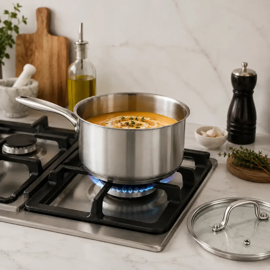 Soupe dans une casserole inox sur un feu gaz