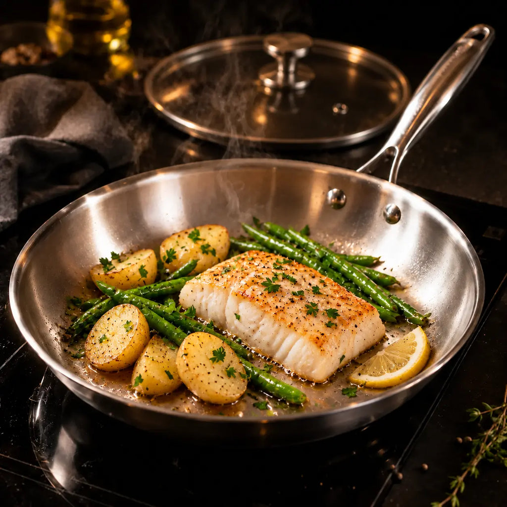 Poisson dorées cuites dans une poêle en inox sans revêtement