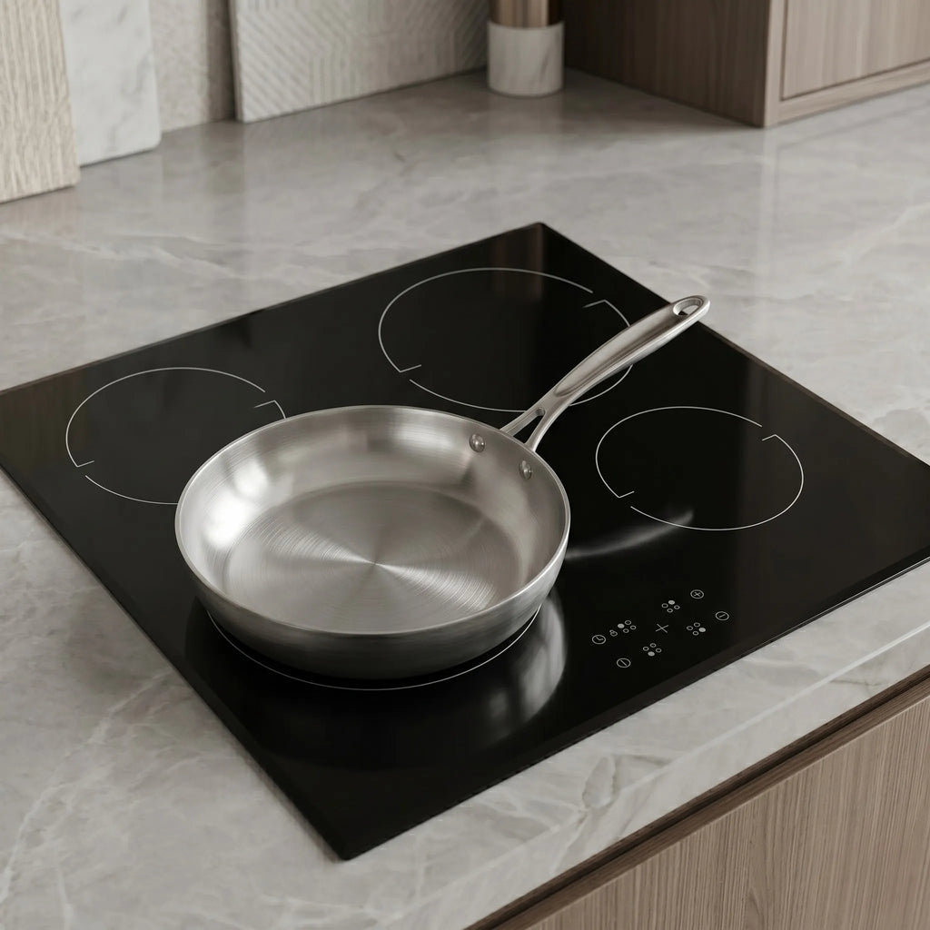 Poêle inox CUISIPURE compatible induction posée sur plaque vitrocéramique