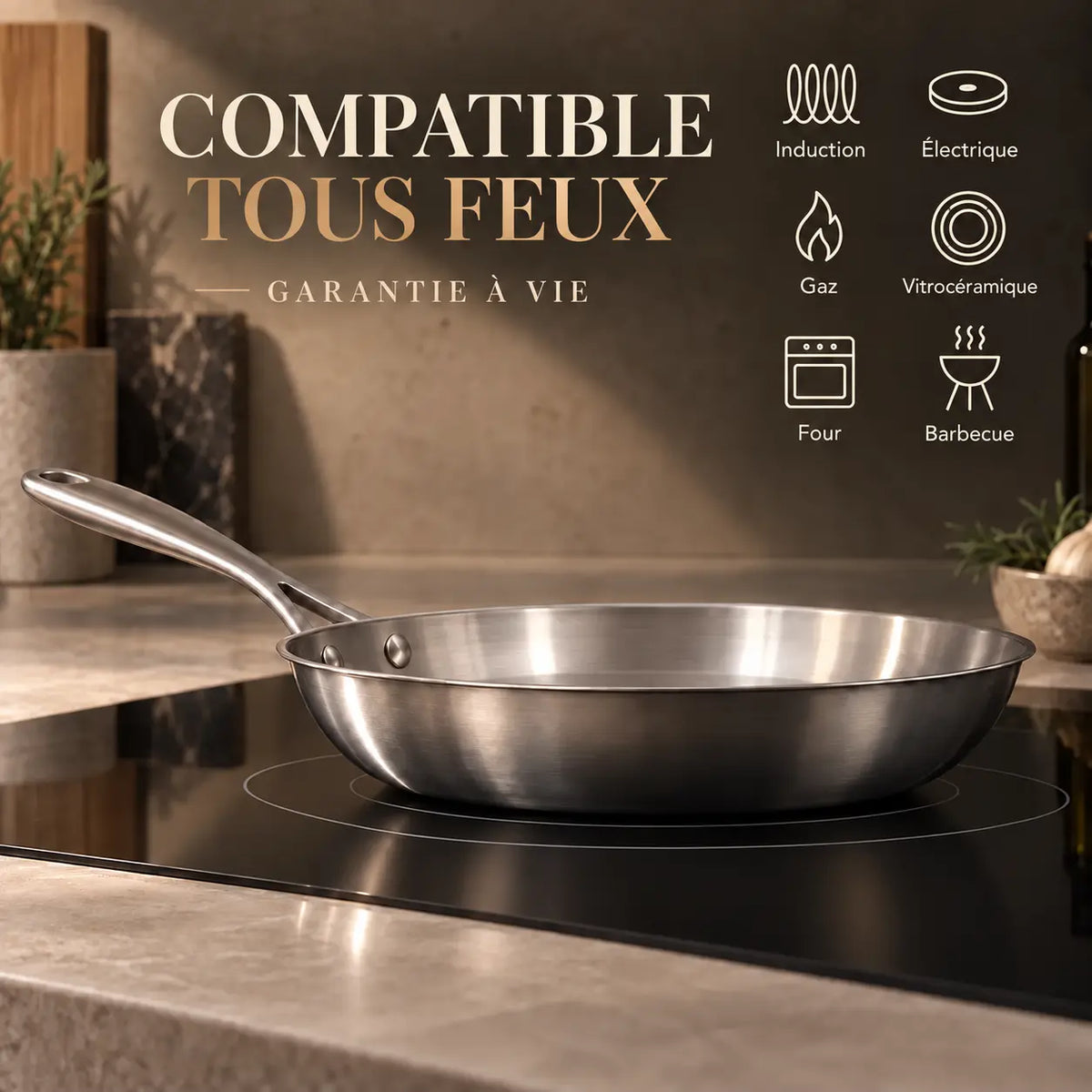 Poêle en inox Cuisipure compatible tous feux : induction, gaz, électrique, vitrocéramique, four et barbecue, Poêle garantie à vie 
