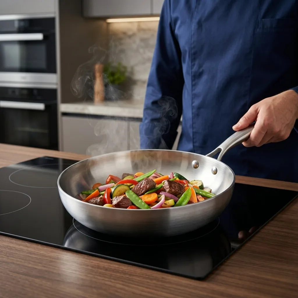 Cuisson de légumes sautés dans une poêle inox 304 CUISIPURE