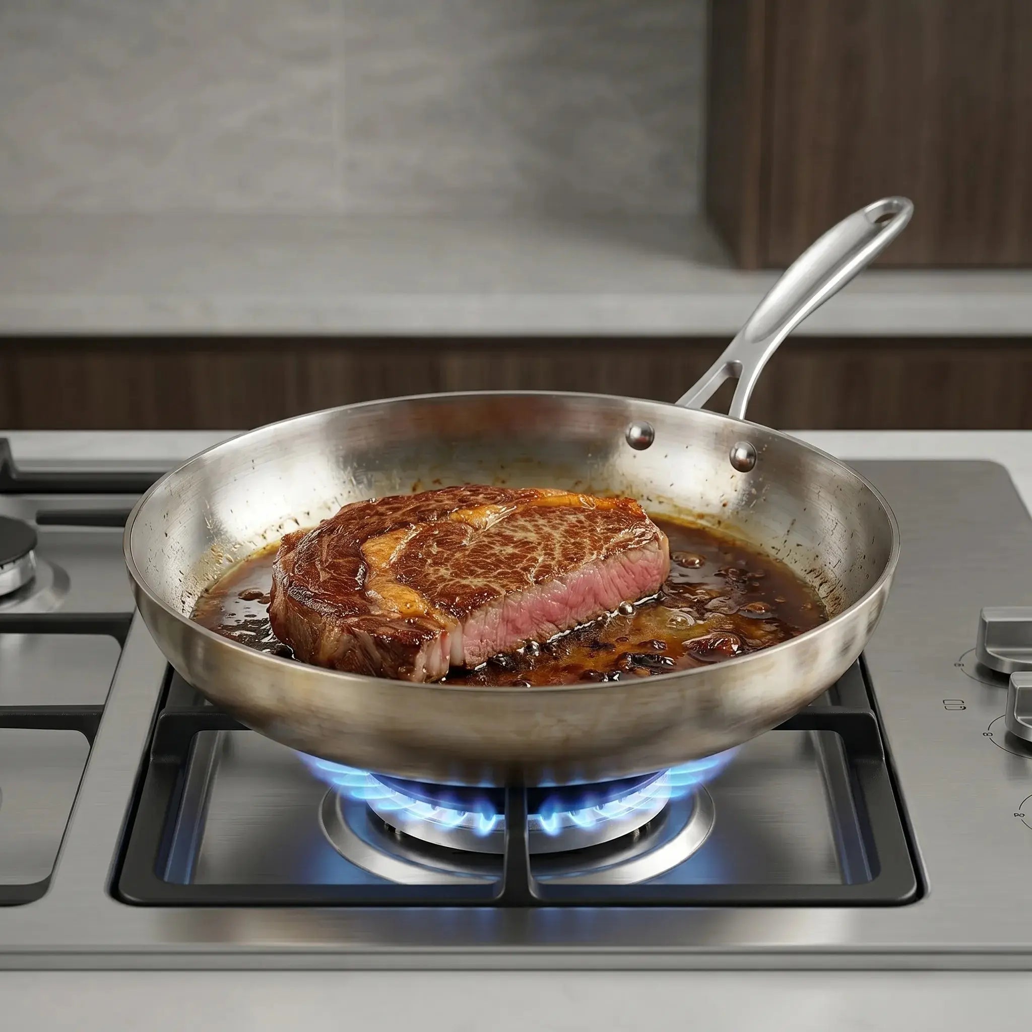 Cuisson d'un steak dans une poêle inox CUISIPURE sur feu gaz Image