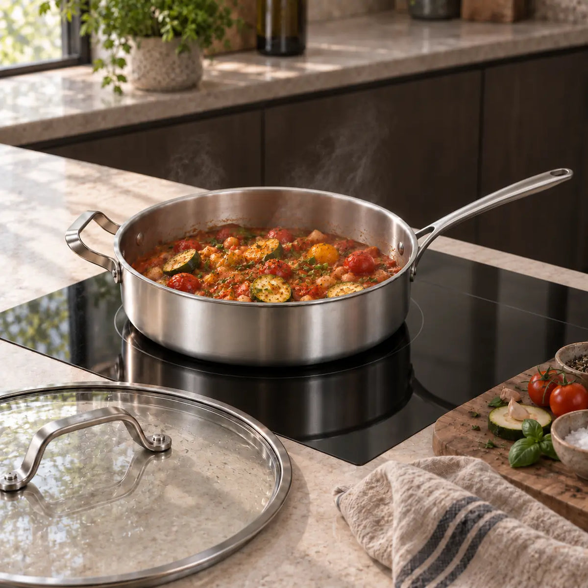 Sauteuse inox avec légumes mijotés et couvercle en verre