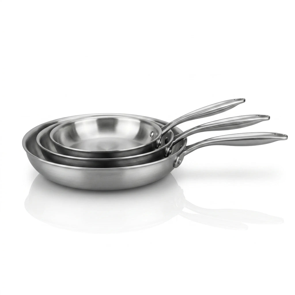 Set de deux poêles inox 18/10 CUISIPURE différentes tailles vue de profil