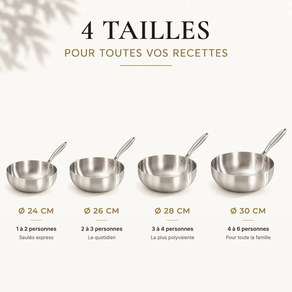 Wok inox 304 en 4 tailles : 24, 26, 28 et 30 cm