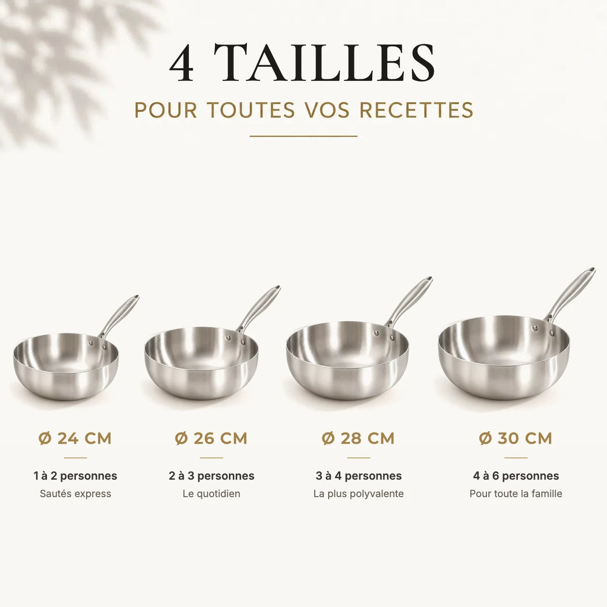 Wok inox 304 en 4 tailles : 24, 26, 28 et 30 cm